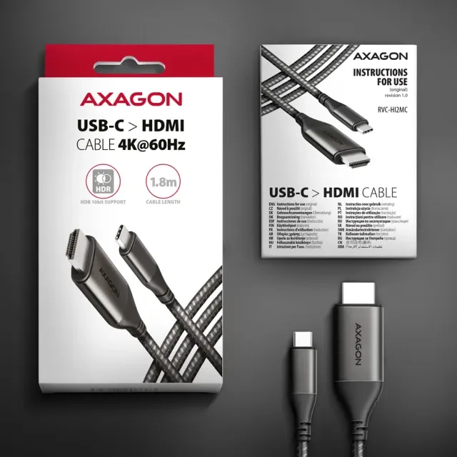 AXAGON Адаптер кабел RVC-HI2MC, USB-C (вход, мъжко) към HDMI 2.0a (изход, мъжко), 4K/60Hz, 1.8м