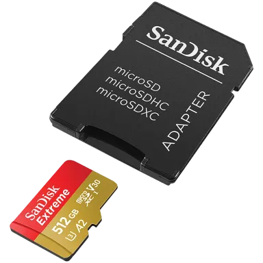 SANDISK Extreme microSDXC 512GB + SD Adapter + 1 year RescuePRO Deluxe up to 190MB/s & 130MB/s Read/Write speeds A2 C10 V30 UHS-I U3