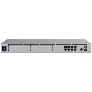 Ubiquiti rack-mount Cloud Gateway with 10 Gbps performance, multi-WAN load balancing, and two NVR drive bays designed for large-scale…