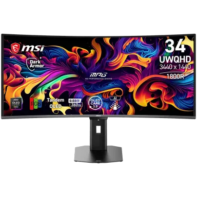 MSI MPG 341CQR QD-OLED X36 Gaming Monitor, 34" 360Hz, UWQHD (3440x1440) 21:9, Tandem QD-OLED, 1800R, 0.03ms, 300nits, 1500000:1, 178/178, G-SYNC…