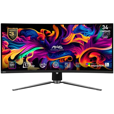 MSI MAG 341CQP QD-OLED Curved Gaming Monitor, 34" 175Hz, UWQHD (3440x1440) 21:9, QD-OLED, 1800R, 0.03ms, 250nits, 1500000:1, 178/178, AMD FreeSync…