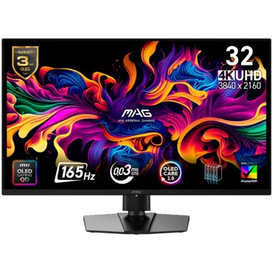 MSI MAG 322UP QD-OLED E16 Gaming Monitor, 31.5" 165Hz, UHD (3840x2160) 16:9, QD-OLED Anti-Reflection, 0.03ms, 250nits, 1500000:1, 178/178, G-SYNC…