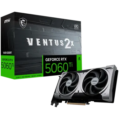 MSI Video Card NVIDIA GeForce RTX 5060 Ti 16G VENTUS 2X OC PLUS, 16GB GDDR7, 128-bit, 2602 MHz Boost, 4608 CUDA Cores, PCIe 5.0 (x8), 3x DP 2.1b…
