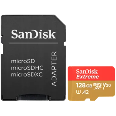 SANDISK Extreme microSDXC 128GB + SD Adapter + 1 year RescuePRO Deluxe up to 190MB/s & 90MB/s Read/Write speeds A2 C10 V30 UHS-I U3