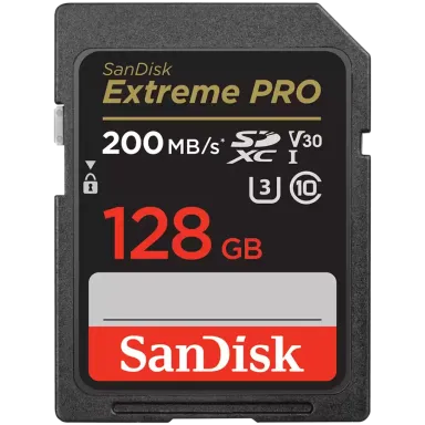 SANDISK Extreme PRO 128GB SDXC Memory Card + 2 years RescuePRO Deluxe up to 200MB/s & 90MB/s Read/Write speeds, UHS-I, Class 10, U3, V30
